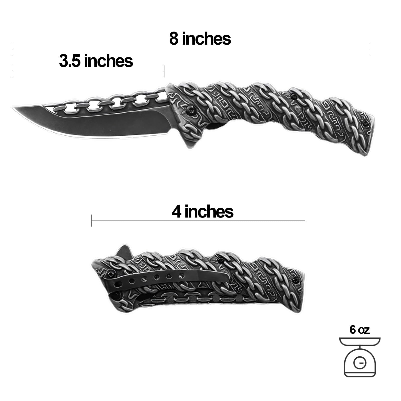 iWrot Chain Pocket Knife for Men, 3.5 inch Flipper Folding Knives with Assisted Opening,Black Cool knives with 3D Pattern Steel Handle,Personalized Pocket Knives for EDC,Knife Gifts For Men