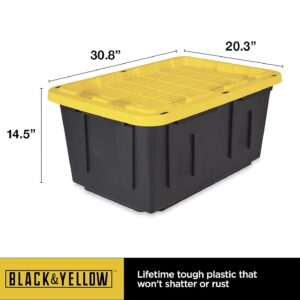 BLACK & YELLOW CX, 27-Gallon Heavy Duty Tough Storage Container with Smart QR Label for Easy Itemization, Weather-Resistant, Stackable Bin with Snap-Tight Lid (14.3”H x 20.6”W x 30.6”D) [4 Pack]