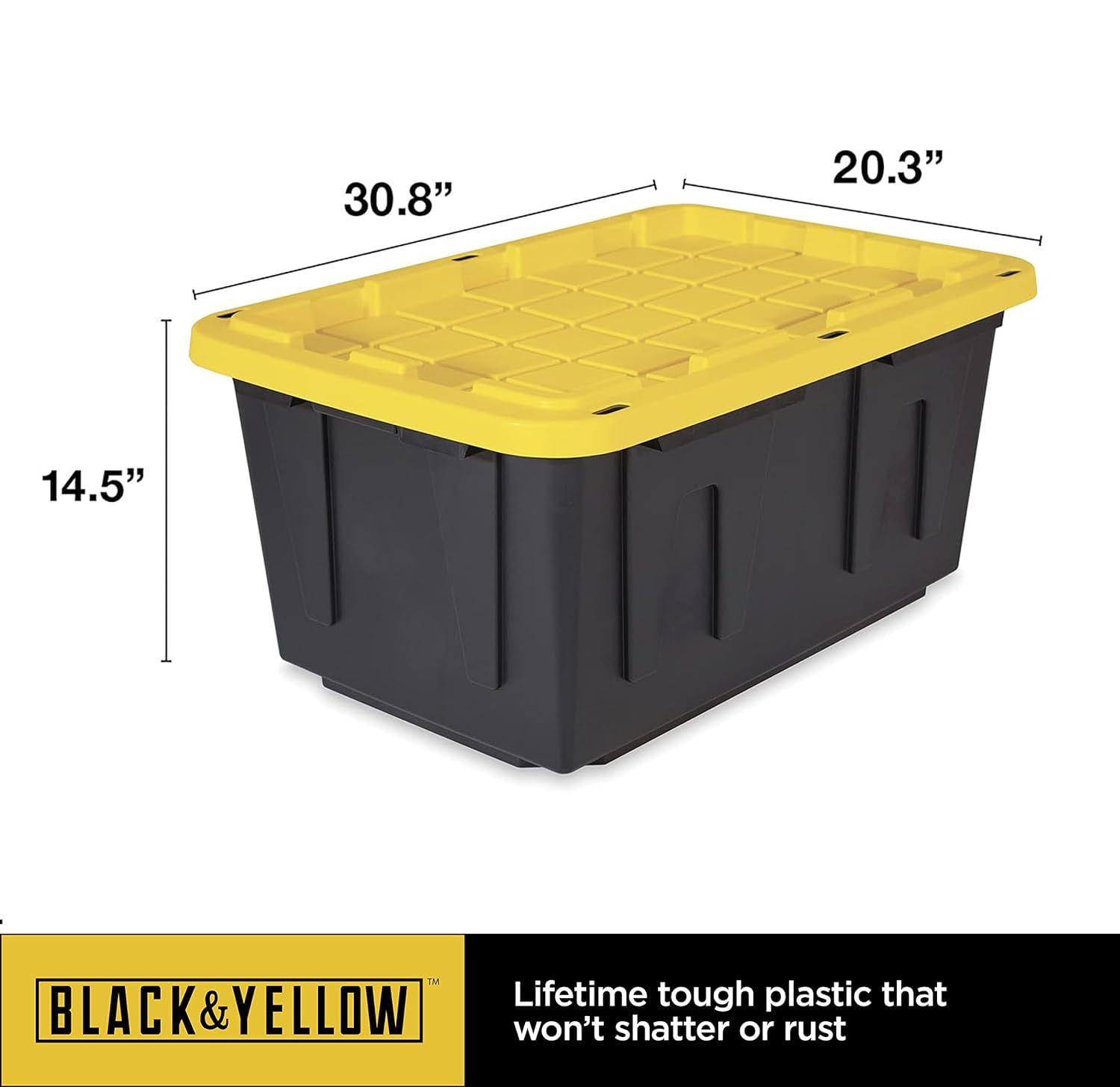 BLACK & YELLOW CX, 27-Gallon Heavy Duty Tough Storage Container with Smart QR Label for Easy Itemization, Weather-Resistant, Stackable Bin with Snap-Tight Lid (14.3”H x 20.6”W x 30.6”D) [4 Pack]