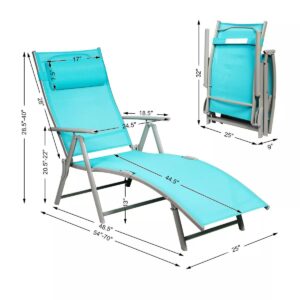 VcJta Patio Folding Chaise Lounge Chair with Turquoise Cushion Lightweight Recliner for Outdoor Relaxation & Comfort