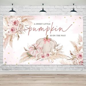 lofaris pumpkin baby shower banner for girl - 'a little pumpkin is on her way,' boho fall pink floral backdrop with autumn pumpkin and pampas grass, 70.8x43.3 inch party decorations