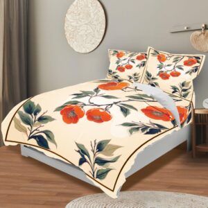 DiuuDi Orange Flowers Duvet Cover Twin Size Light Yellow 3D Printed Duvet Cover Set Orange Blossom Green Leaves Comforter Cover Cozy Quilt Cover with 2 Pillowcases