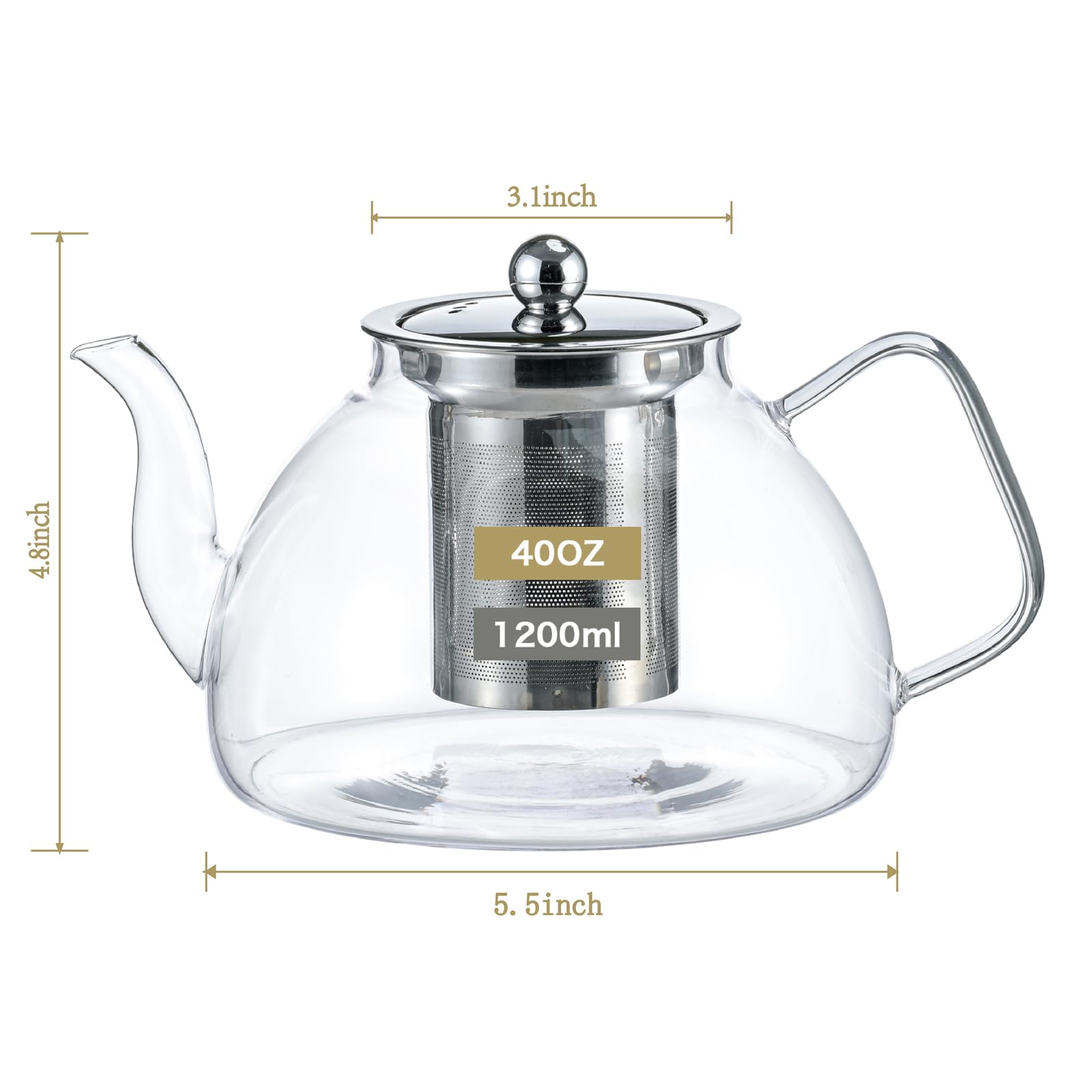 Wlasss Glass Teapot with Stainless Steel Removable Infuser (1200 ml/40 oz), Glass Tea Kettle Stovetop Safe for Blooming and Loose Leaf Tea