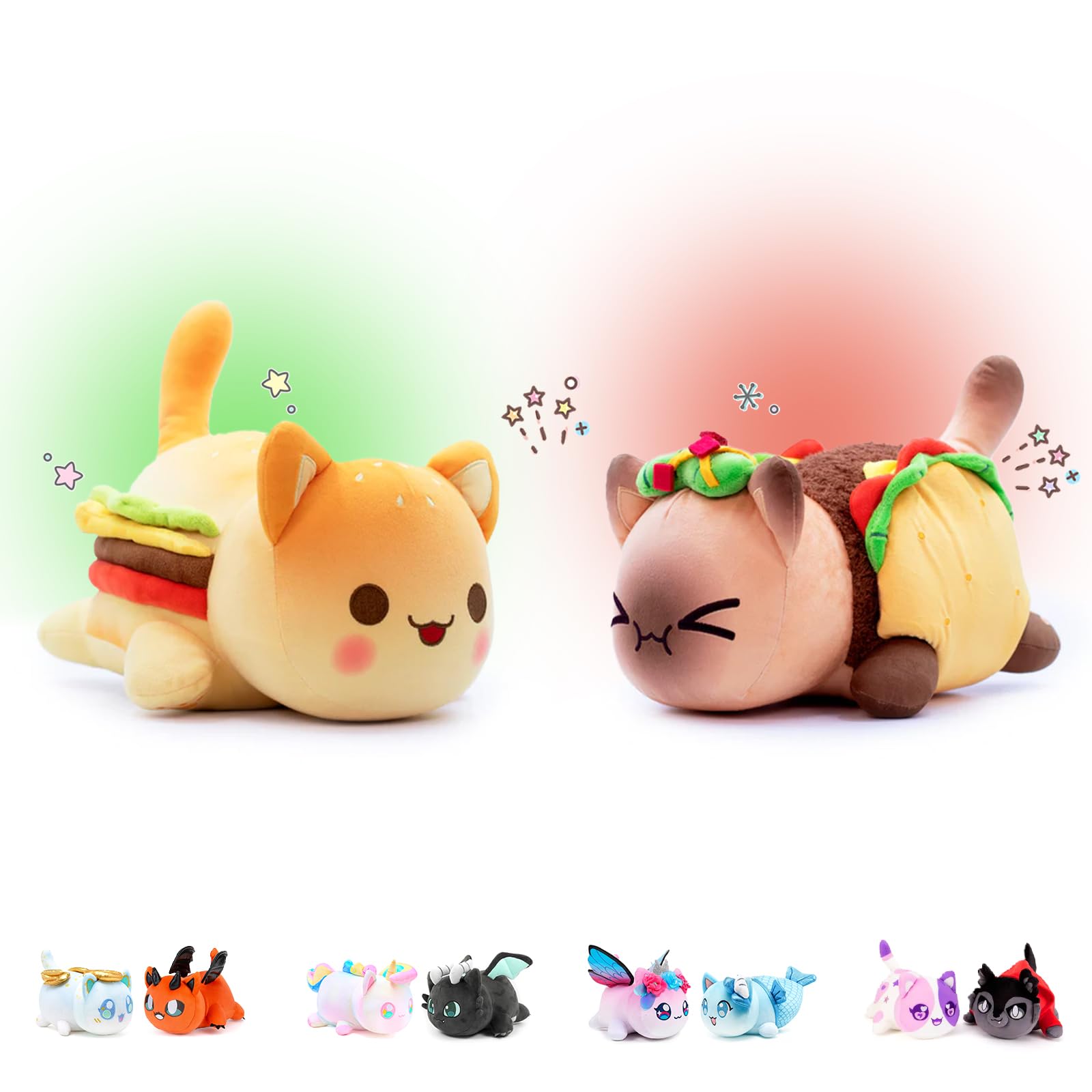 2-PCS 丨 Cheeseburger Cat + Taco Cat Plush - Meemeows Cat Plush Collection - 100% Embroidered Plushie -Cat Stuffed Animal Collectible (Cheeseburger Cat+Taco Cat)