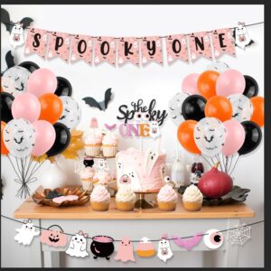 Girl Halloween 1st Birthday Party Decor Halloween Spooky One Banner Cute Ghost Cake Topper Balloon for Halloween Theme Little Boo First Birthday Happy Boo Day Baby Shower The Spooky One Party Supplies