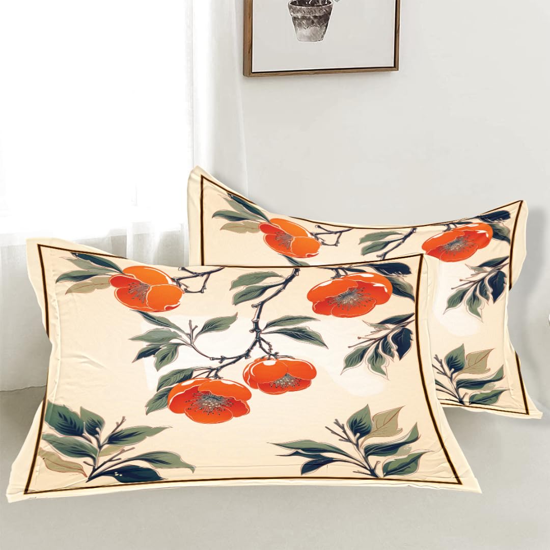 DiuuDi Orange Flowers Duvet Cover Twin Size Light Yellow 3D Printed Duvet Cover Set Orange Blossom Green Leaves Comforter Cover Cozy Quilt Cover with 2 Pillowcases