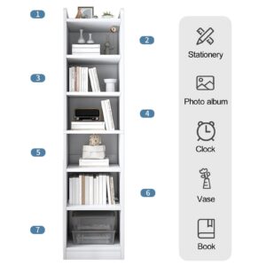 Generic 71 Inches Tall Narrow Bookshelf, Slim Bookshelf, Corner Bookshelf 6 Tier Cube Display Shelf Storage Organizer for Small Space for Bedroom, Living Room, Office, Study Room (White), 14084982