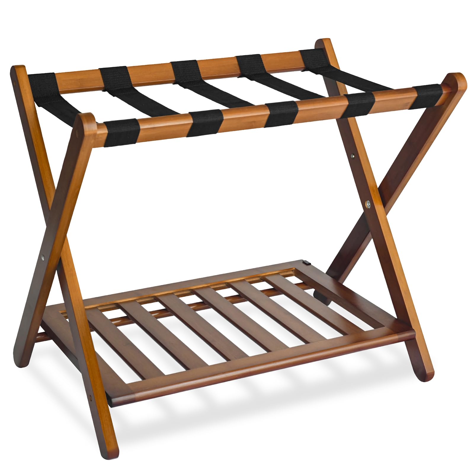 GUANBOM Luggage Rack，Folding Suitcase Stand with Storage Shelf，Luggage Stand for Guest Room Bedroom and Hotel (Brown)