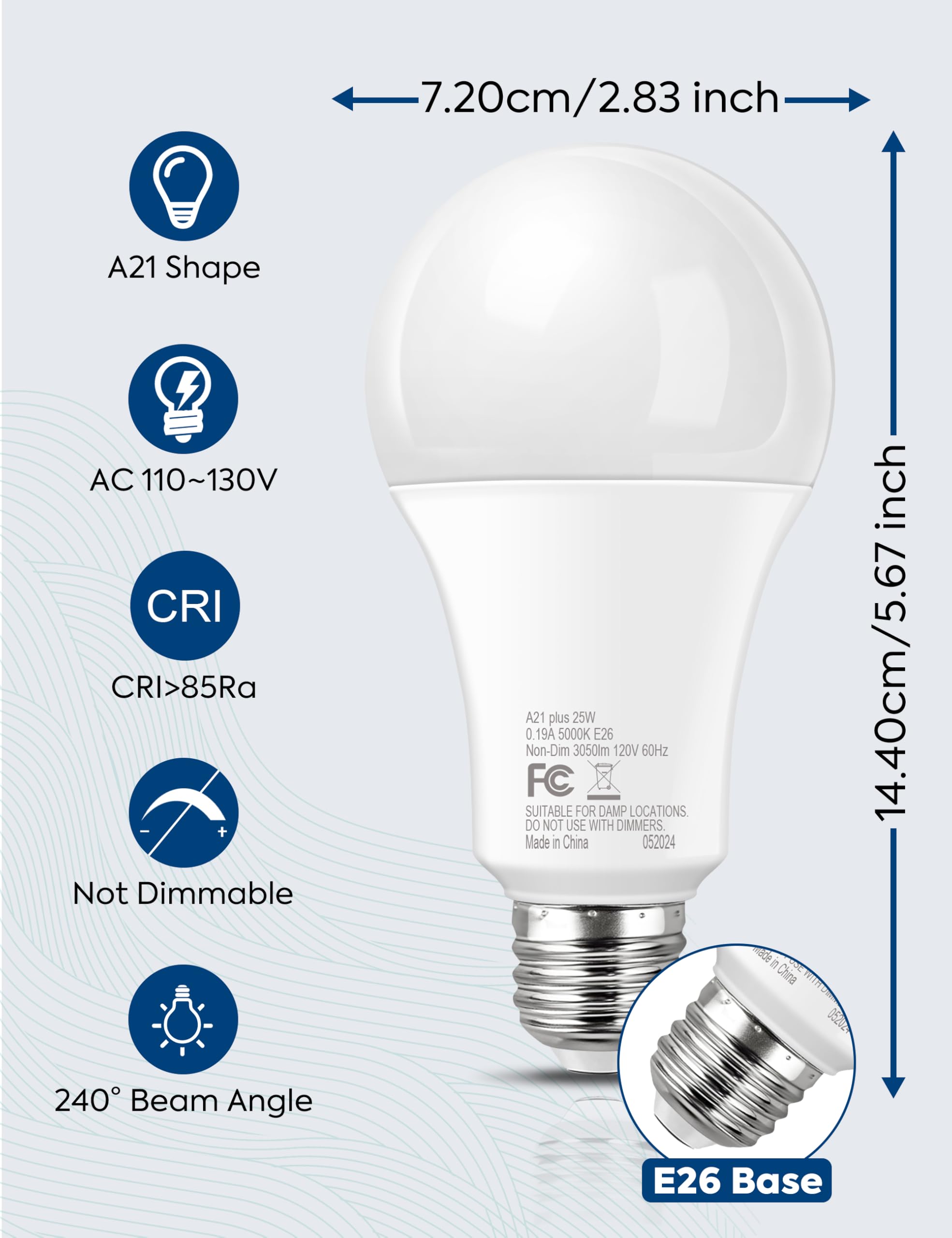 Nouscan 200W Equivalent LED Light Bulb, 2800LM Super Bright A21 LED Bulb, Daylight 5000K, 25W Energy Saving, E26 Medium Base, 120V for Garage, Warehouse, Shop, Living Room, Non-Dimmable, 2 Pack