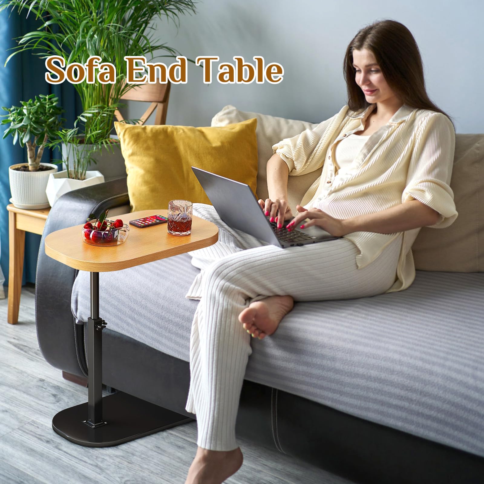 C Shaped Side Table,Adjustable Height C Table End Table for Couch,360°Swivel Couch Side Tables Slide Laptop Desk for Sofa/Bed/Bathtub/Rotating Tabletop (Log)