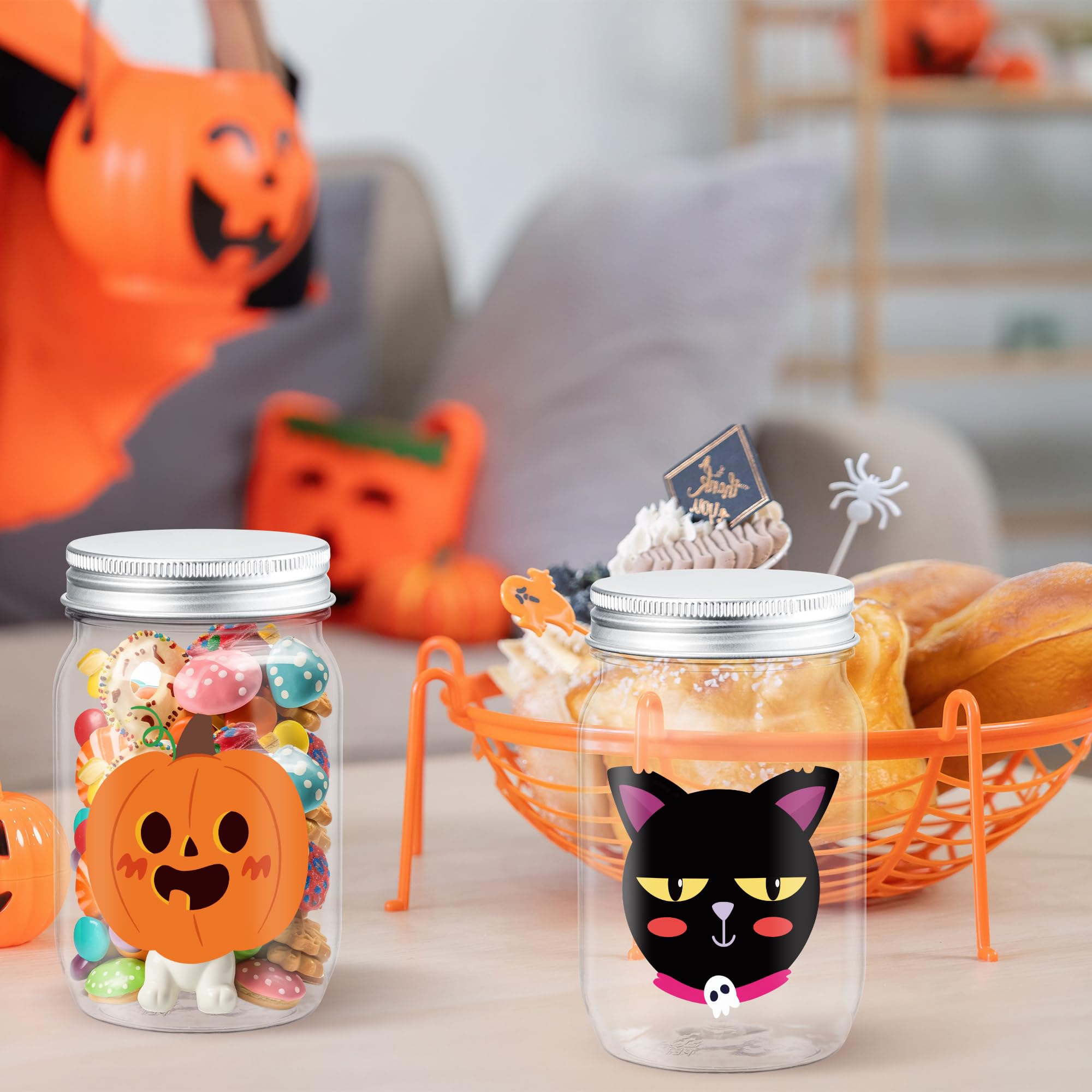 JAPBOR Halloween Candy Jars Containers - 14PCS Halloween Small Plastic Cookie Candy Jar with Lid Pumpkin Ghost Sticker Decoration, DIY Sugar Storage Dish Craft, Halloween Party Favor Gift Bottle Decor