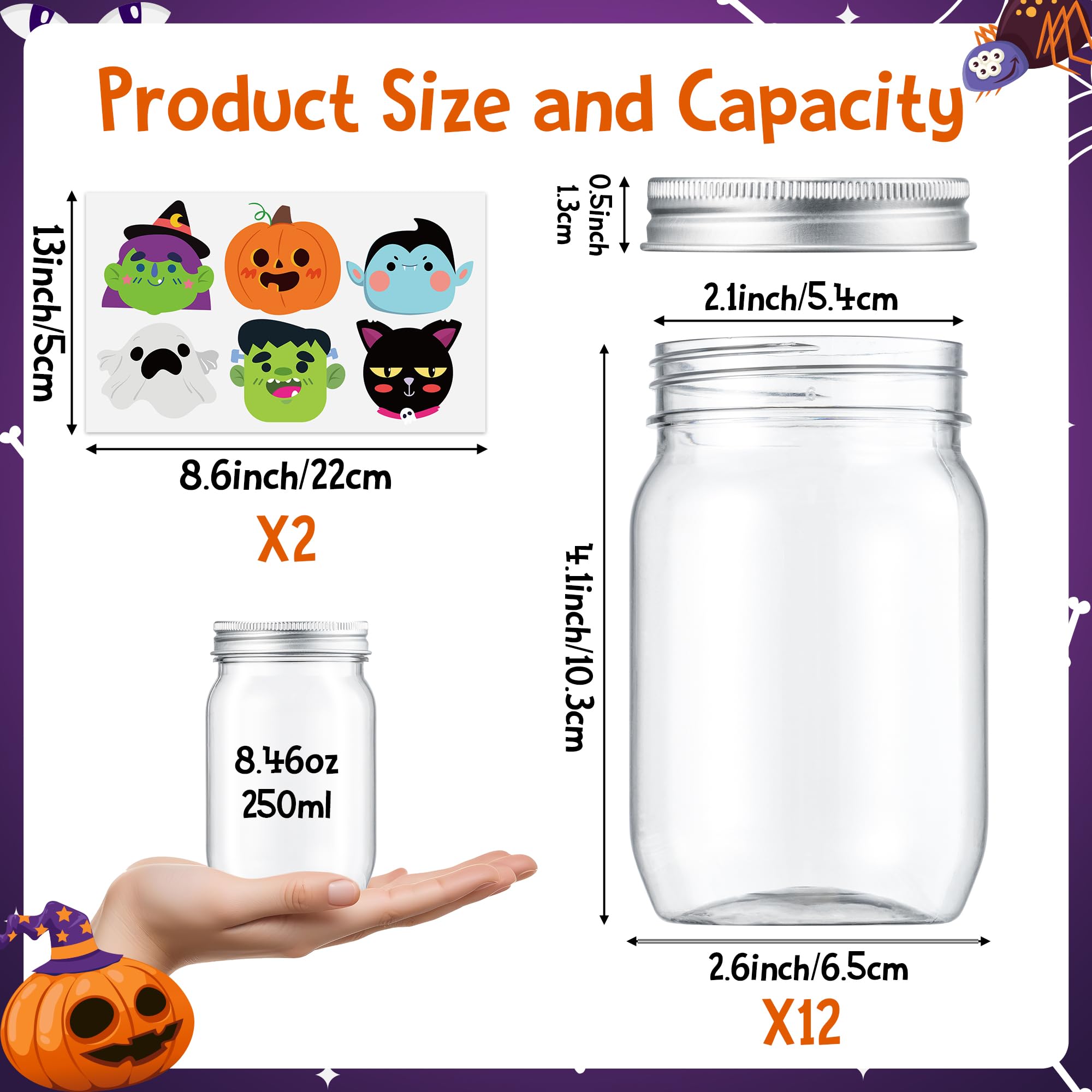 JAPBOR Halloween Candy Jars Containers - 14PCS Halloween Small Plastic Cookie Candy Jar with Lid Pumpkin Ghost Sticker Decoration, DIY Sugar Storage Dish Craft, Halloween Party Favor Gift Bottle Decor