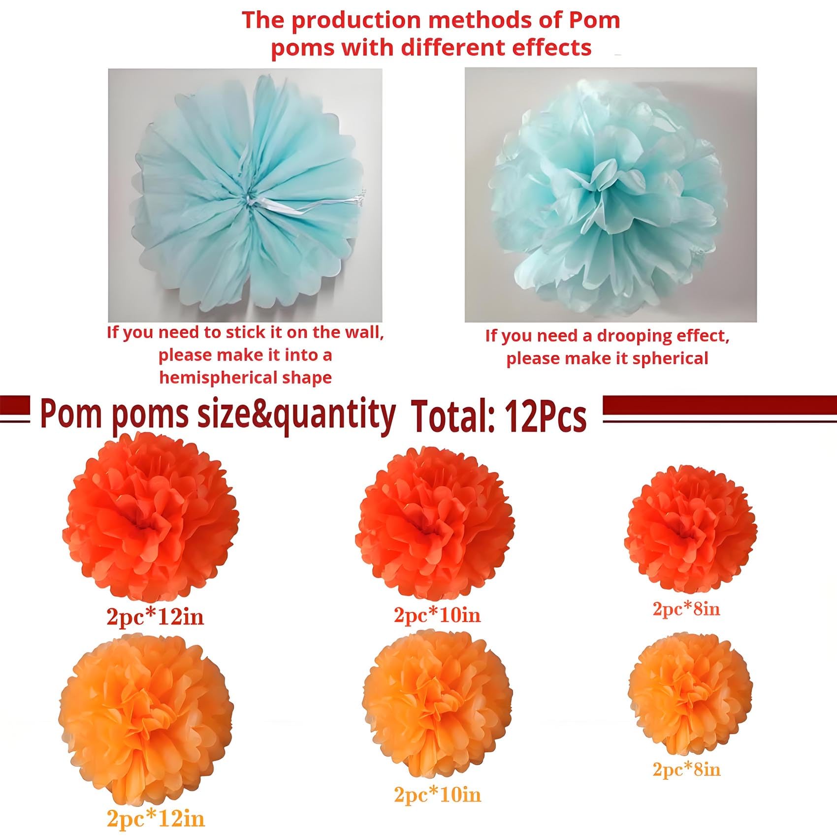 Orange Tissue Paper Pom Poms 12Pcs- Hanging Paper Flowers for Wedding Birthday Graduations Christmas and Special Occasions(8 &10 & 12 inch) ﻿