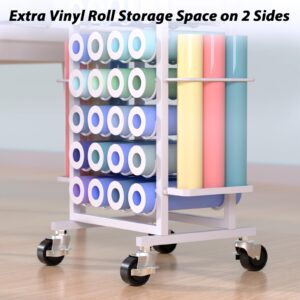 Mobile Vinyl Roll Holder Cart - 40 Compartments Vinyl Storage Organizer with 6 Hooks & Extra Vinyl Organizer Tray on 2 Side, Cricut Vinyl Storage Rack Gifts Wrapping Paper Holder for Home Craft Room