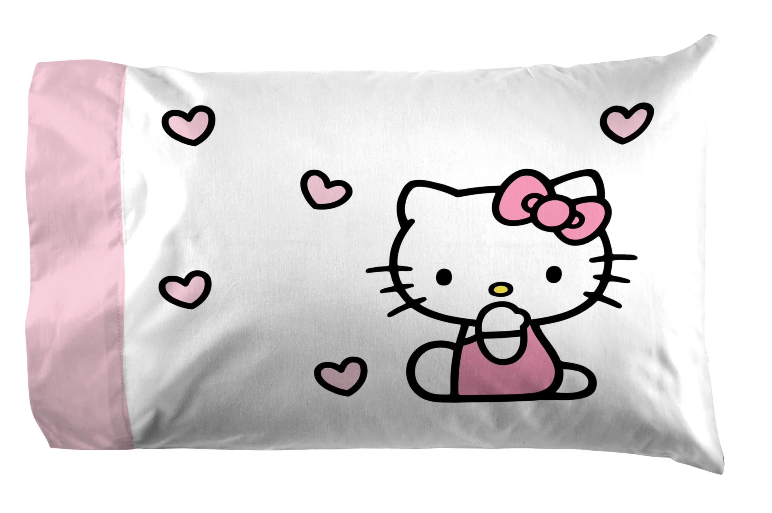 Jay Franco Hello Kitty Pink Stripes & Hearts Twin Size Sheet Set - Super Soft 3 Piece Bedding Set - Microfiber Sheets Include Reversible Pillow Cover