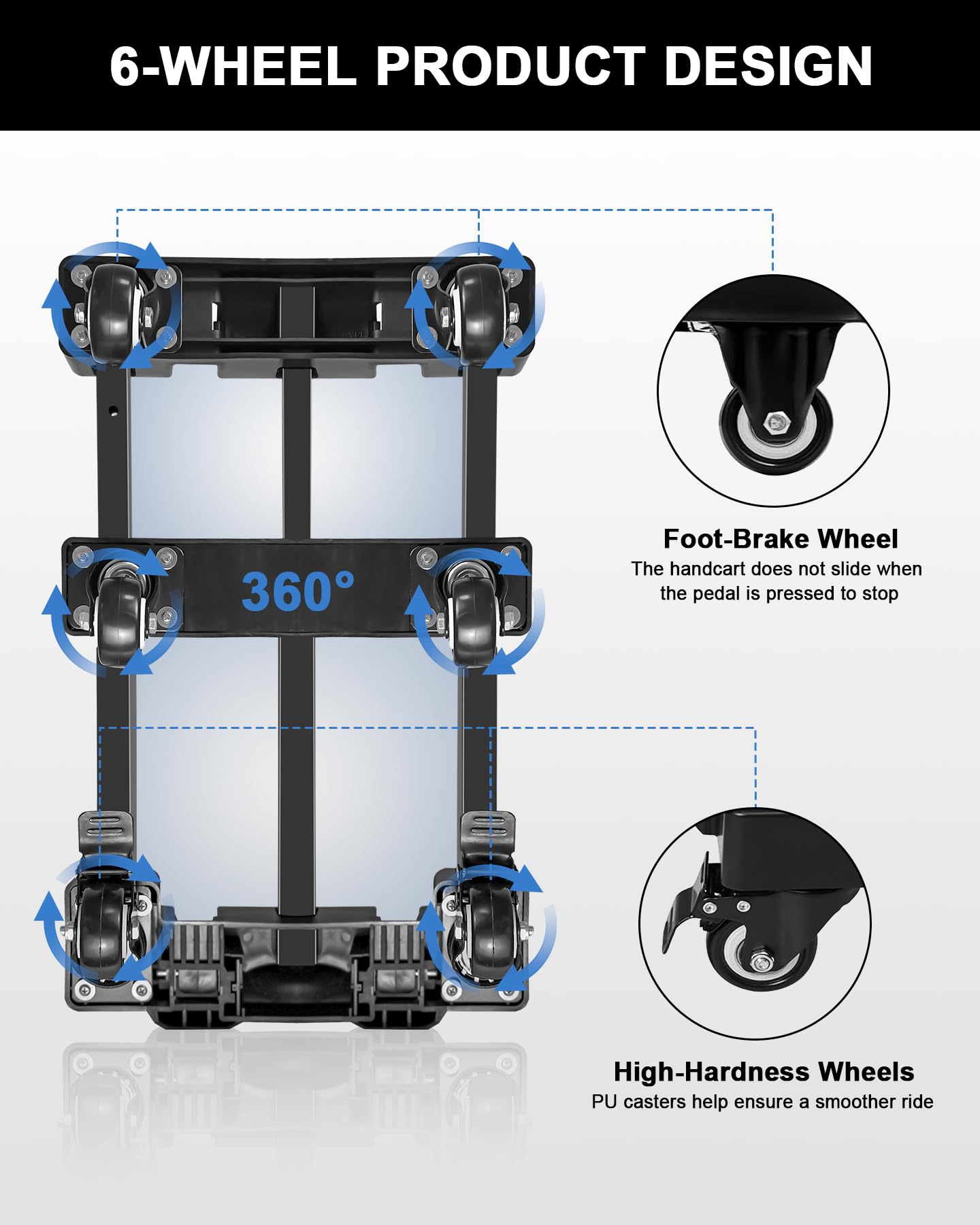 SERVOMASTER Folding Hand Truck, Hand Truck Dolly 500 LB Heavy Duty, Foldable Luggage Cart with 6 Wheels and 2 Elastic Cords with Adjustable Handle for Luggage, Travel, Shopping, Office Moving, Black