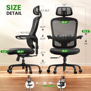 Ergonomic Office Chair Big and Tall - 6'5" Tall Max, 350Lbs Capacity Computer Desk Chairs Over 10 Hours Comfortable, with Adjustable Mesh High Back, Lumbar Support, 3D Headrest, Flip-up Arms