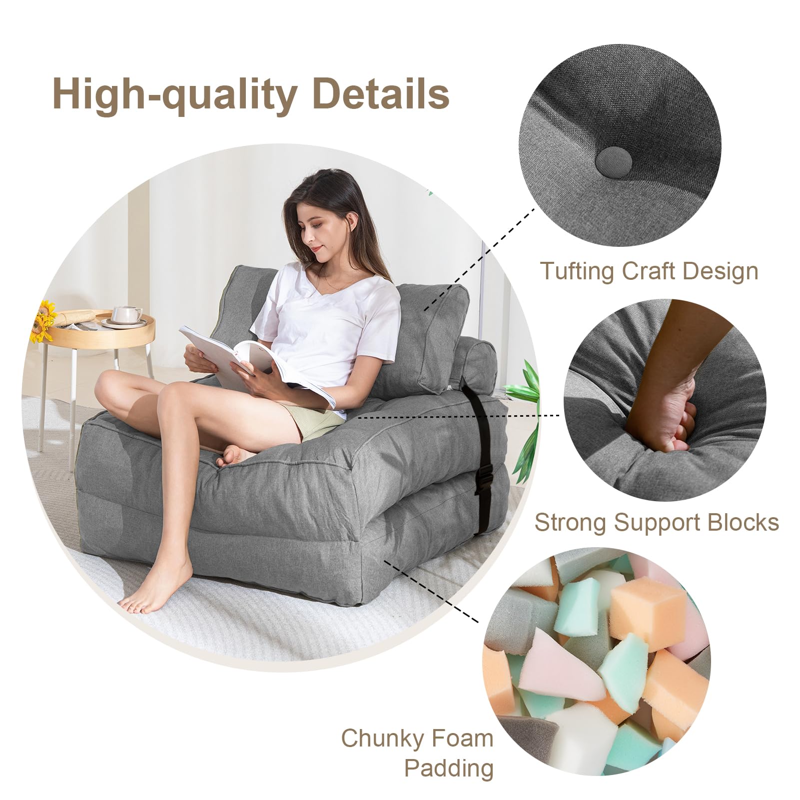 YOSHOOT Folding Couch Sofa Bed, Convertible Sleeper Chairs with Back Support, Foldable Couch Futon Mattress with Pillow, Portable Fold Out Chair Bed Floor Mattress Floor Couch for Living Room