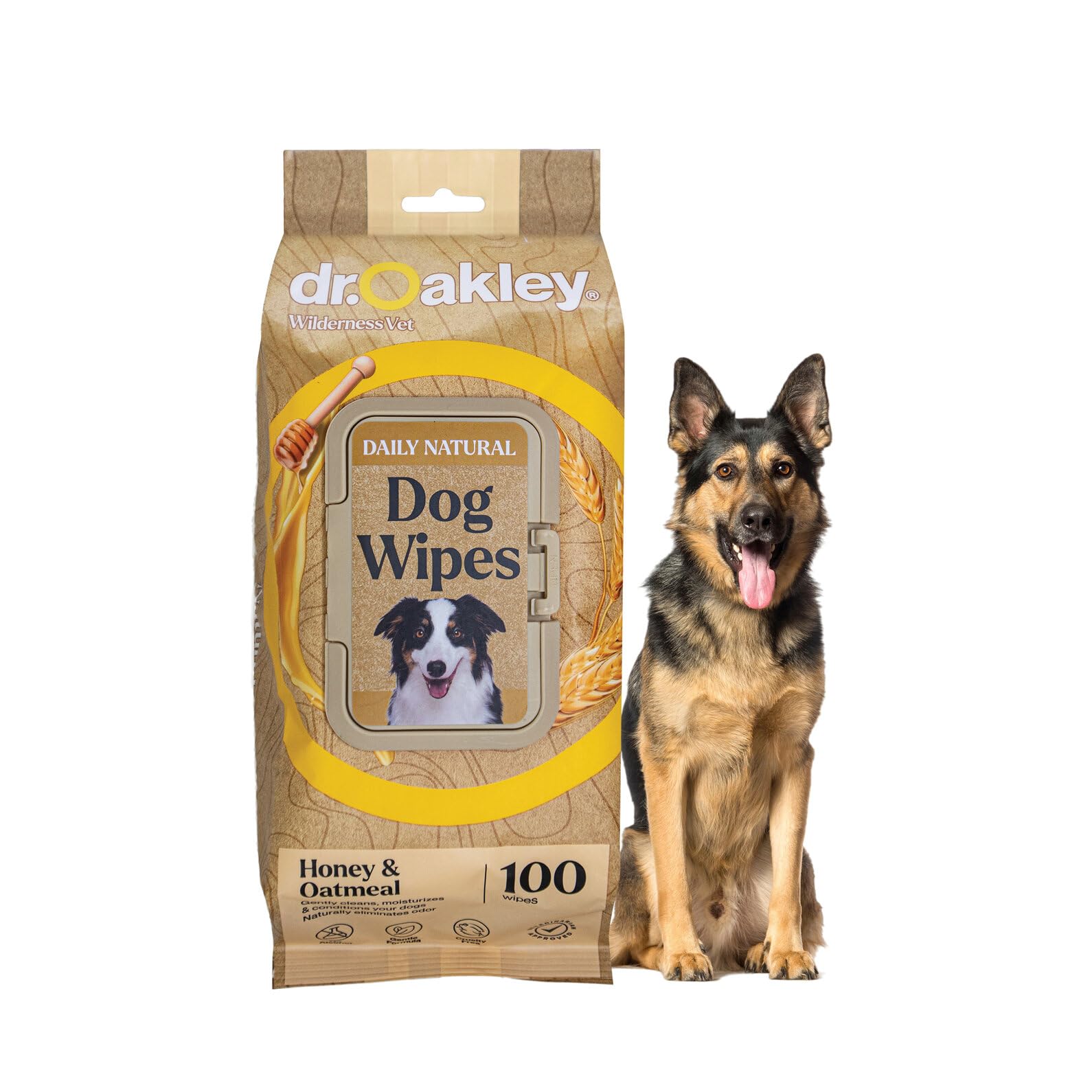 Dr. Oakley Daily Natural Dog Wipes, Honey & Oatmeal, 100 Ct, Gentle, Moisturizing, Odor-Eliminating, Alcohol-Free, Vet Approved