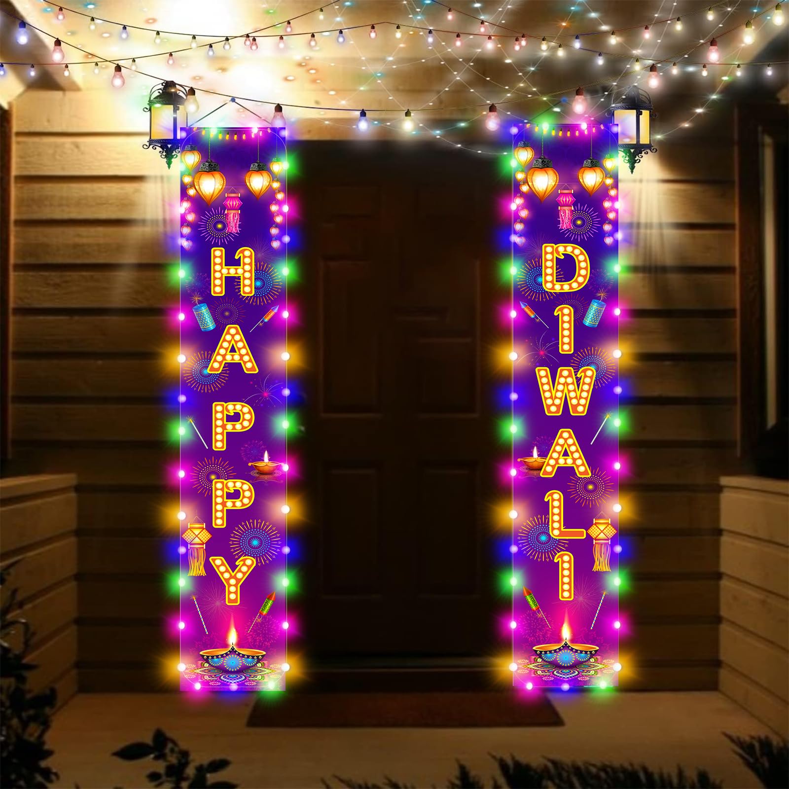 Diwali Door Hanging Banner Lighted Decorations Festival of Light Porch Sign with LED Light Deepavali Celebration Banner Party Indoor Outdoor Wall Decor