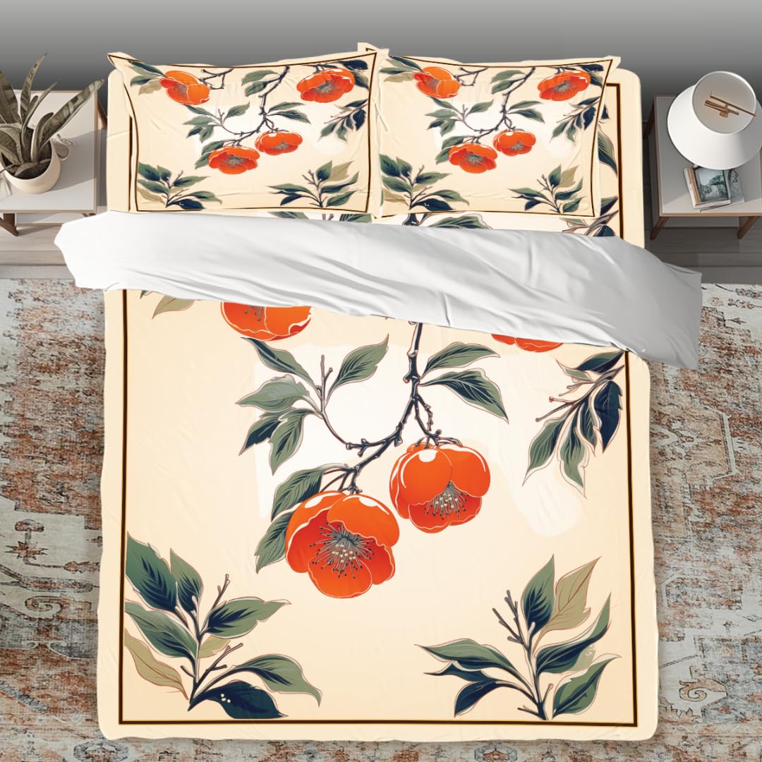 DiuuDi Orange Flowers Duvet Cover Twin Size Light Yellow 3D Printed Duvet Cover Set Orange Blossom Green Leaves Comforter Cover Cozy Quilt Cover with 2 Pillowcases