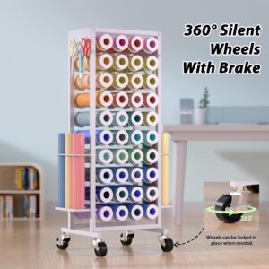 Mobile Vinyl Roll Holder Cart - 40 Compartments Vinyl Storage Organizer with 6 Hooks & Extra Vinyl Organizer Tray on 2 Side, Cricut Vinyl Storage Rack Gifts Wrapping Paper Holder for Home Craft Room