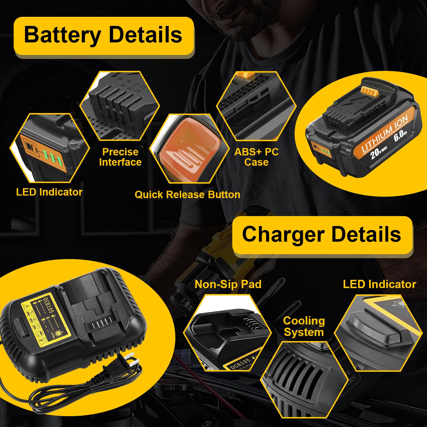 6000mAh and 3000mAh Replacement Battery for Dewalt 20v and DCB105 Charger Kit Compatible with DCB204 DCB204-2 DCB203 DCB201 DCB200 Compatible with Dewalt 20 Volt Power Tools DCD DCF DCG DCS series