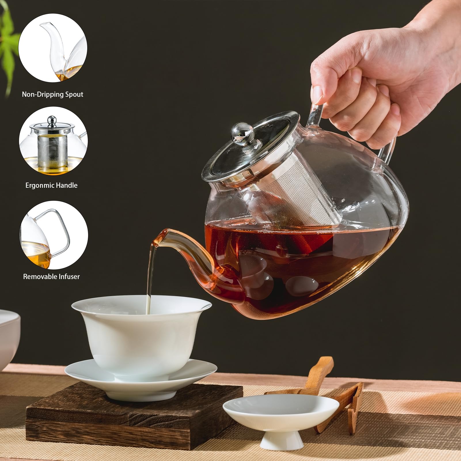 Wlasss Glass Teapot with Stainless Steel Removable Infuser (1200 ml/40 oz), Glass Tea Kettle Stovetop Safe for Blooming and Loose Leaf Tea