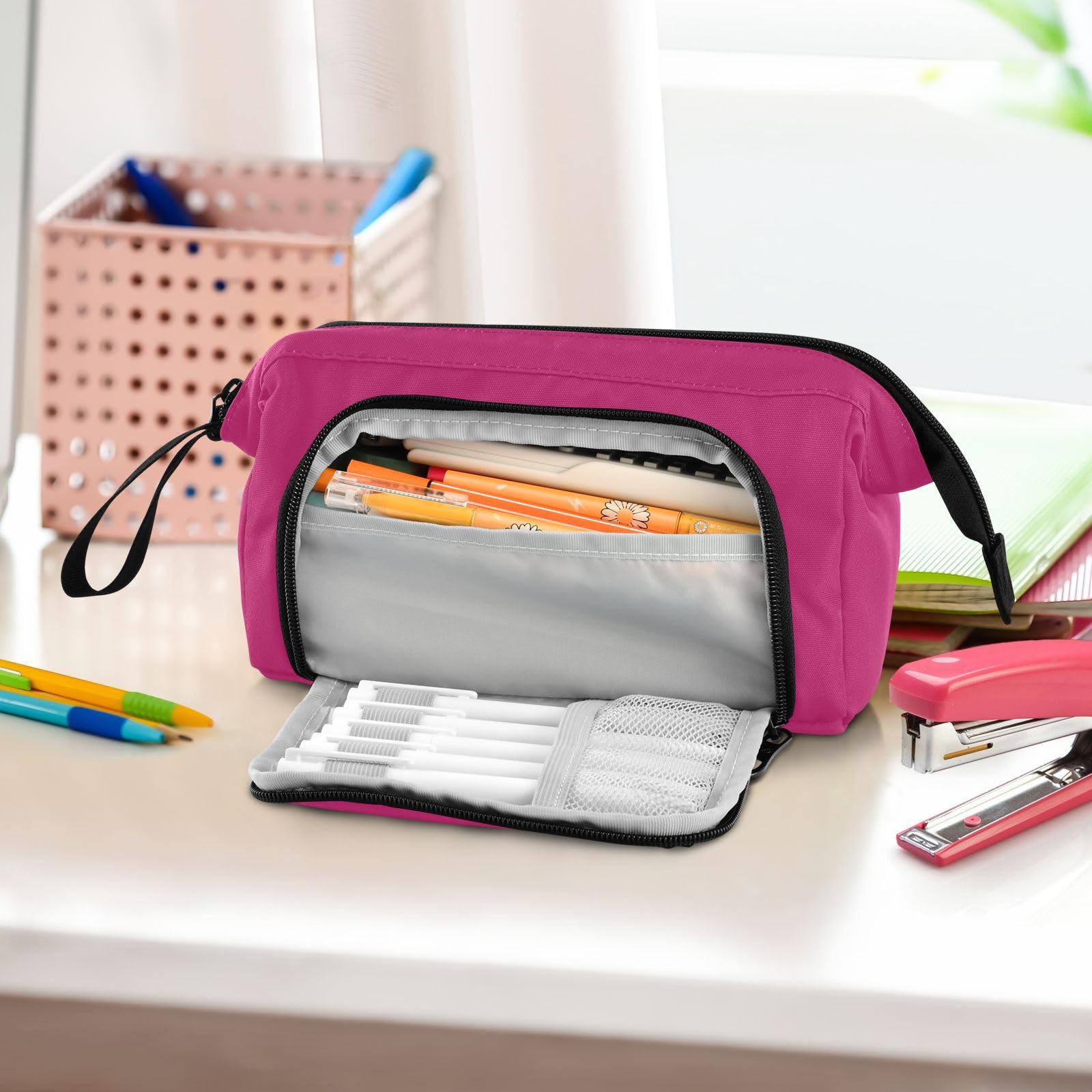 Hot Pink Pencil Case Large Capacity Pencil Pouch Aesthetic Stationery Portable Pen Bag Organizer Holder Box for Teens Girls Adults Student School