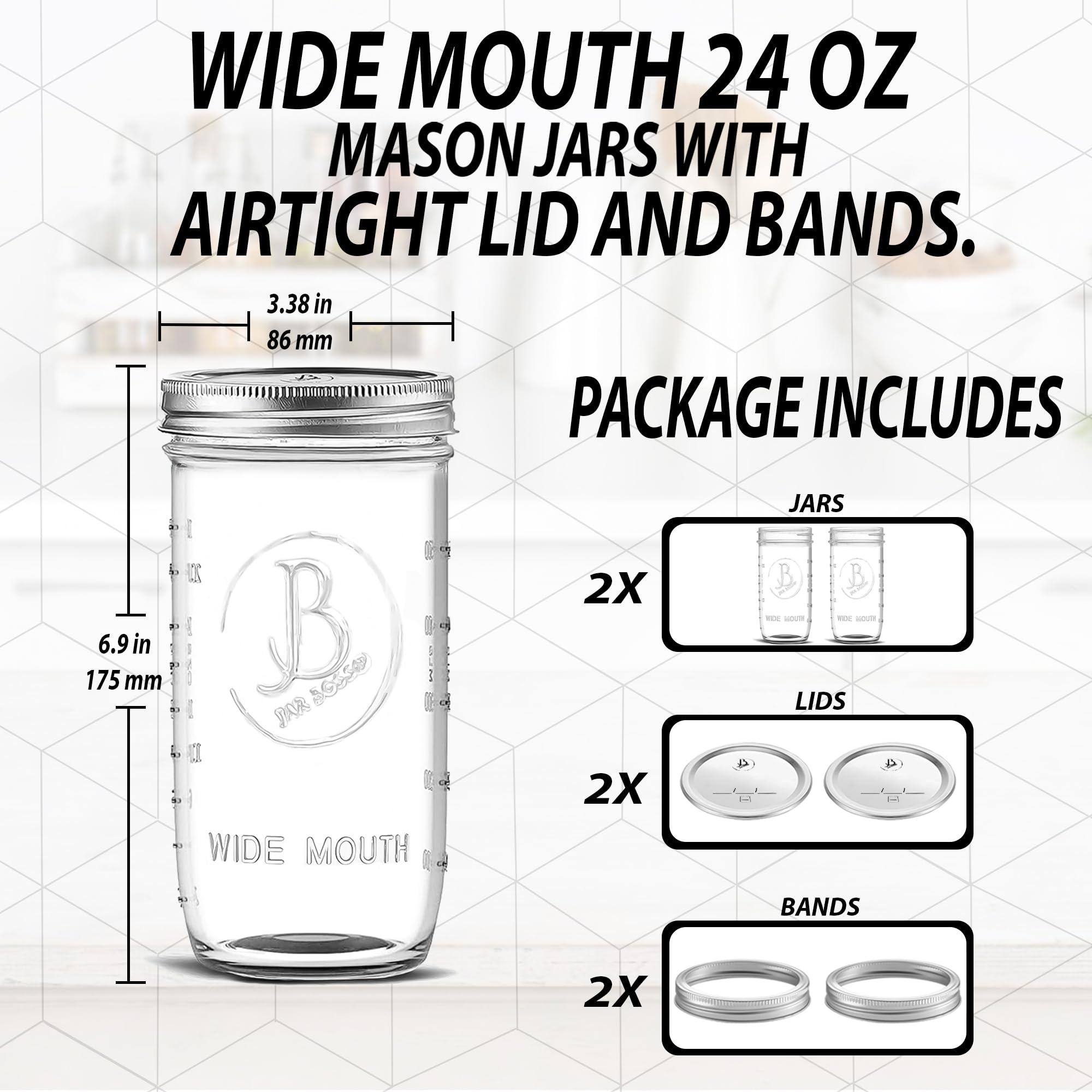 Wide Mouth Mason Jars 24 oz - (2 Pack) - Clear Glass Pint and a Half Mason Jars With Airtight Lids and Bands. For Storage, Canning, Fermenting, Cold Brew Coffee, Freezing, Microwave & Dishwasher Safe