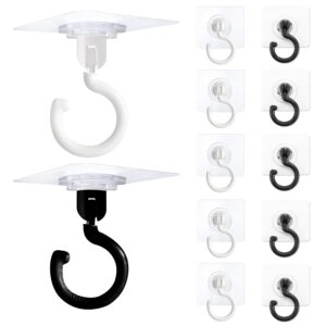 12pcs adhesive ceiling hooks heavy duty no drill 360° rotating, swivel utility strong self sticker wall hook sticky under cabinet for hanging purse bag small plant hanger, 3inch waterproof, blackwhite