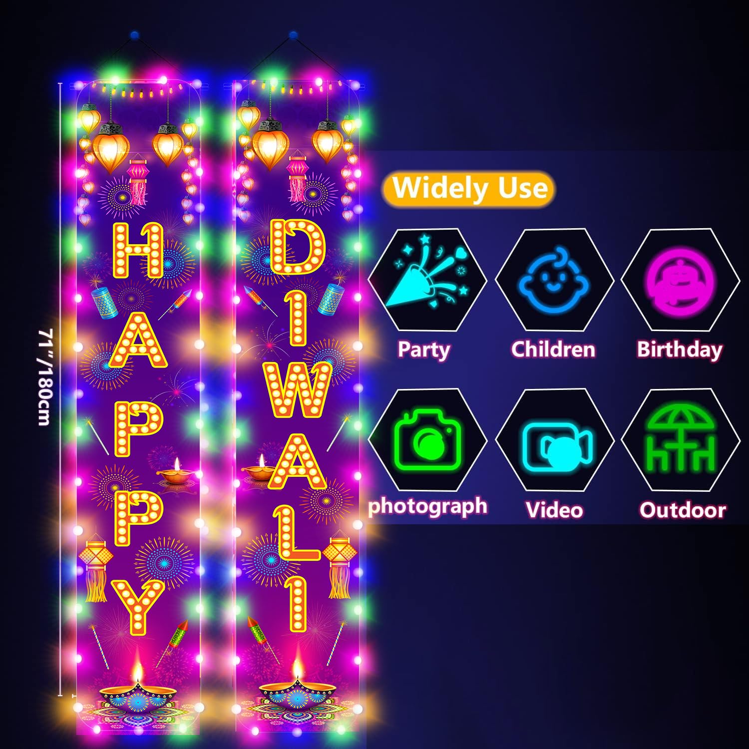 Diwali Door Hanging Banner Lighted Decorations Festival of Light Porch Sign with LED Light Deepavali Celebration Banner Party Indoor Outdoor Wall Decor