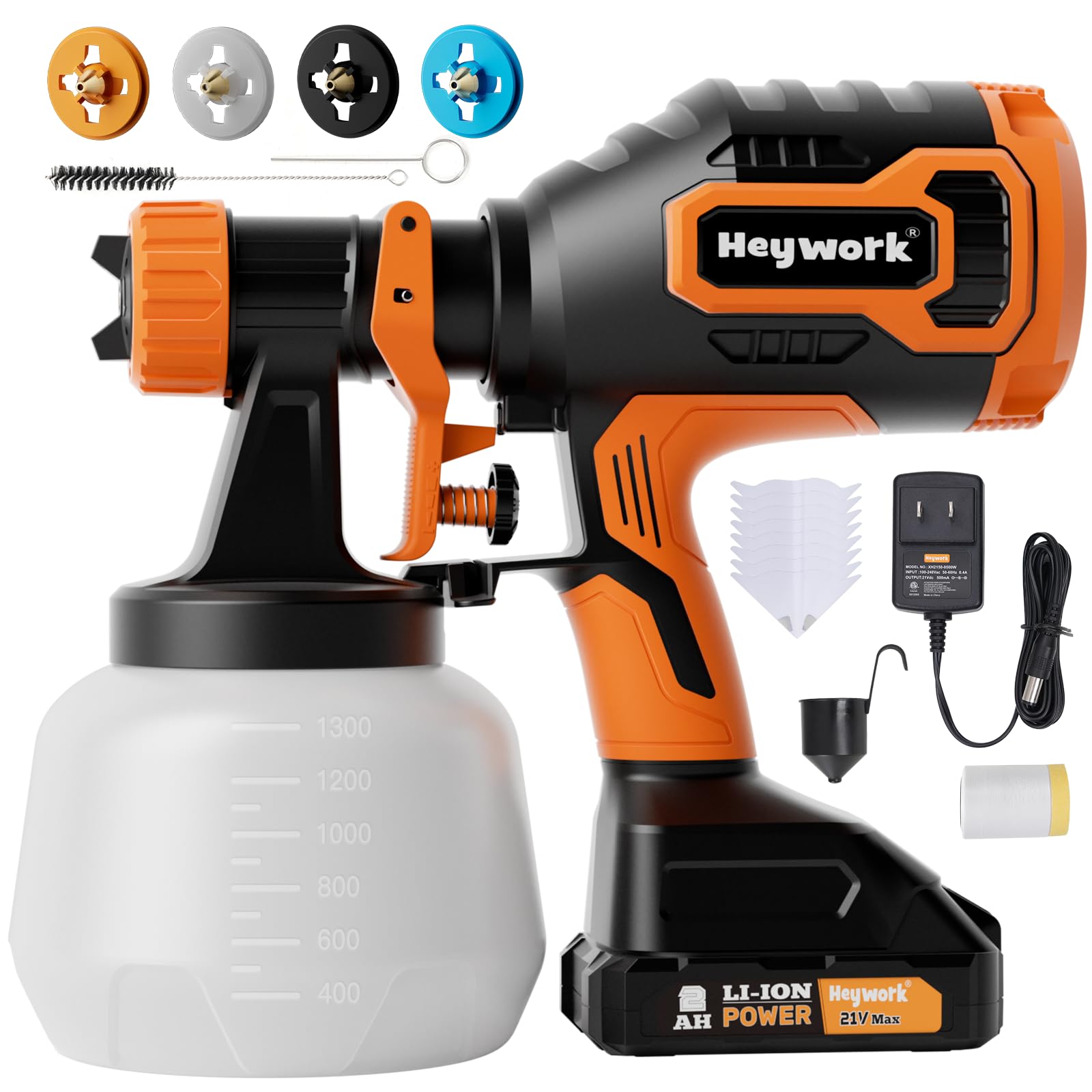 Heywork 21V Cordless Paint Sprayer, Spray Paint Gun, 3 Adjustable Modes with 4 Copper Nozzles, Electric Paint Sprayer for House Painting, Paint Sprayers for Home Interior (2.0Ah Battery Included)