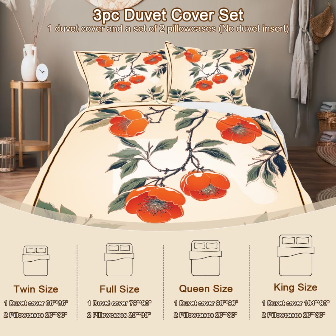 DiuuDi Orange Flowers Duvet Cover Twin Size Light Yellow 3D Printed Duvet Cover Set Orange Blossom Green Leaves Comforter Cover Cozy Quilt Cover with 2 Pillowcases