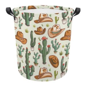 tsytma western themed cactus laundry basket cowboy small laundry hamper collapsible clothes hamper with handles round toy organizer bin for kid's room office nursery hamper home decor