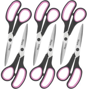 black-pink scissors set, rkqoa 8" scissors all purpose 6 pack - comfort-grip sharp scissors for office school sewing craft supplies, classroom must have, teacher/class scissor, right/left handles