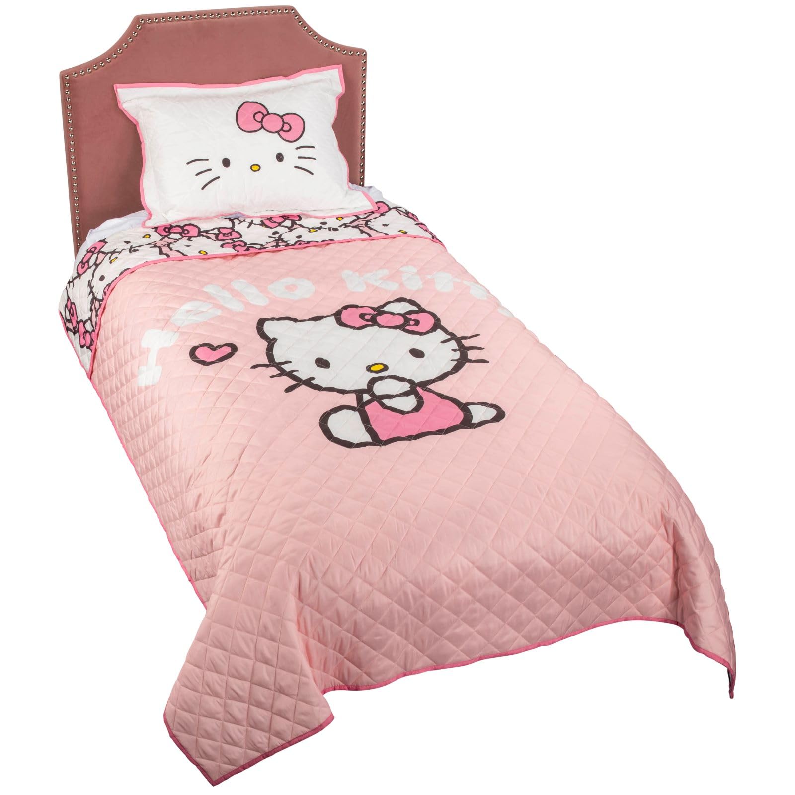 Jay Franco Hello Kitty Pink Stripes & Hearts Twin Size Quilt & Sham Set - Super Soft Lightweight Bedspread Set