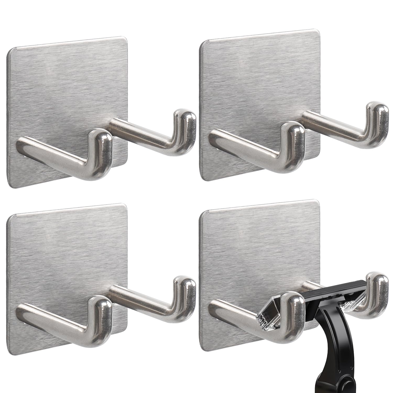 Vanloory Razor Holder, Self Adhesive Towel Hooks for Bathroom, 4 Pack Stainless Steel Sticky Shower Razor Hook Waterproof Shaver Hanger Double Wall Hooks for Hanging Plug Loofah Robe(Brushed Nickel)