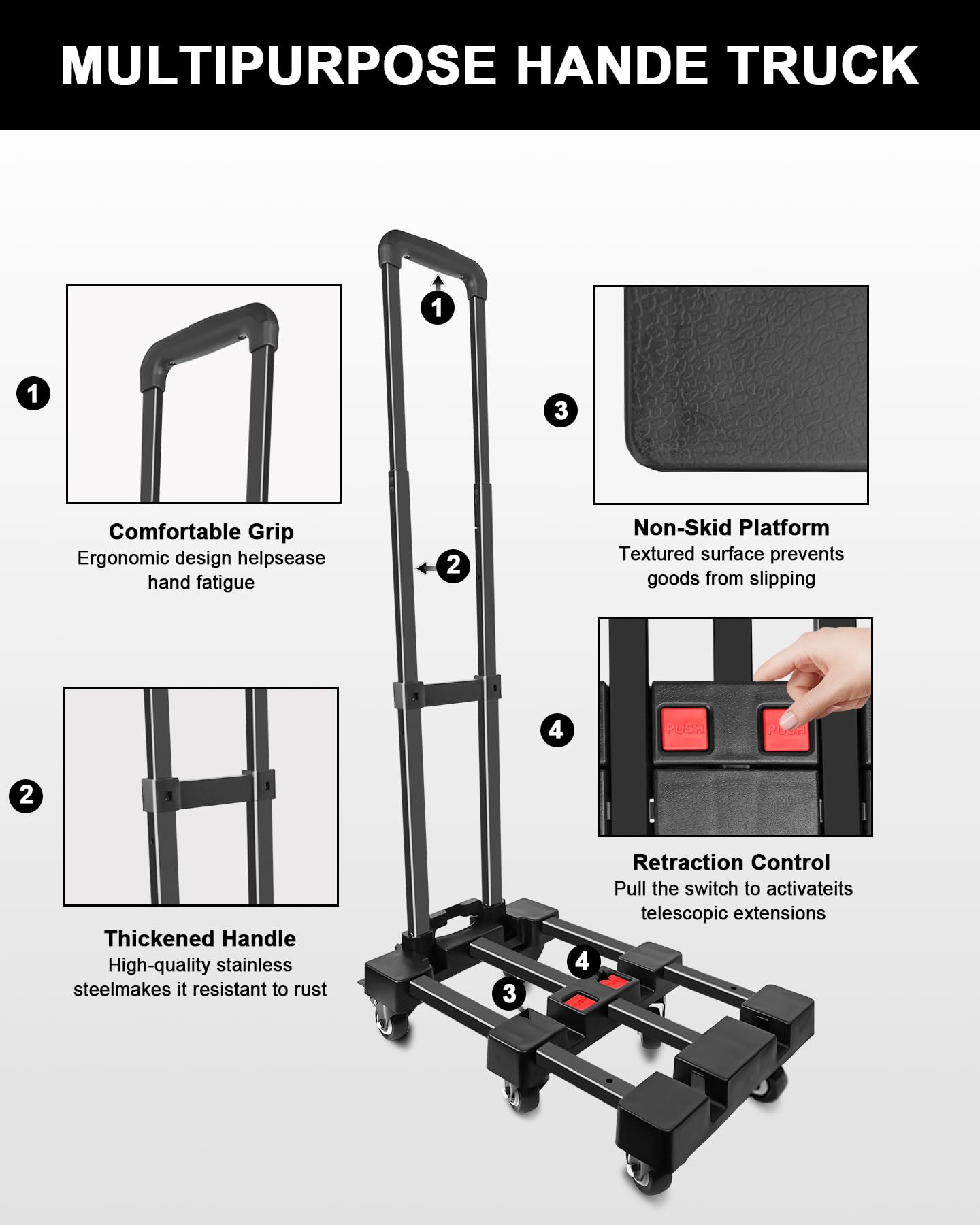 SERVOMASTER Folding Hand Truck, Hand Truck Dolly 500 LB Heavy Duty, Foldable Luggage Cart with 6 Wheels and 2 Elastic Cords with Adjustable Handle for Luggage, Travel, Shopping, Office Moving, Black