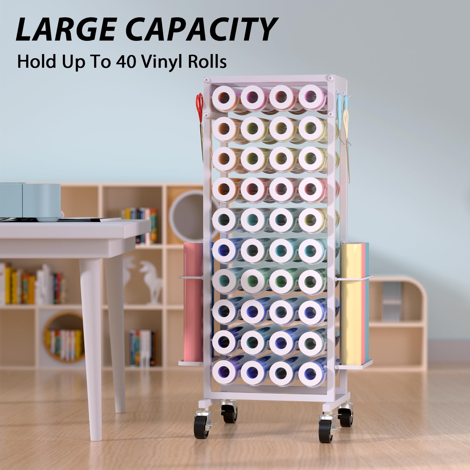 Mobile Vinyl Roll Holder Cart - 40 Compartments Vinyl Storage Organizer with 6 Hooks & Extra Vinyl Organizer Tray on 2 Side, Cricut Vinyl Storage Rack Gifts Wrapping Paper Holder for Home Craft Room