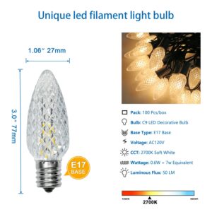 100 Pack C9 Christmas Lights LED Replacement Bulbs, Shatterproof & Waterproof Plastic C9 Led Bulbs for Outdoor String Lights, E17 Base, 0.6W Equivalent to 7W, 2700K, 50 Lumens Holiday Decoration