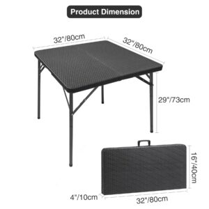 REDCAMP 32" Square Folding Card Table with Ratten Top, Portable Fold in Half Small Card Tables with Adjustable Legs for Adults Indoor Outdoor Use, Black