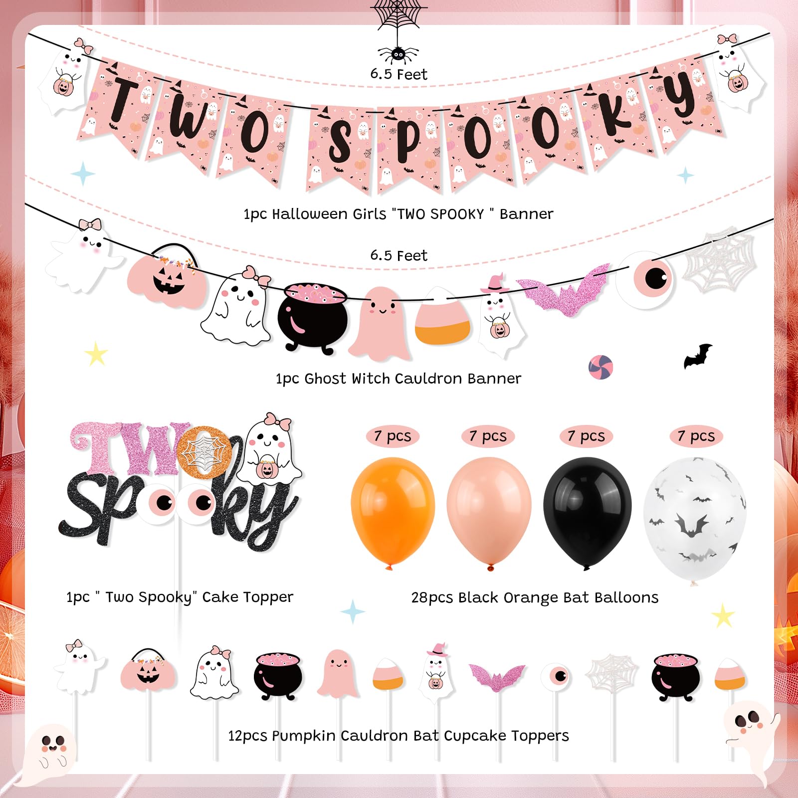 Girls Halloween 2nd Birthday Party Decor, Halloween Two Spooky Banner Cute Ghost Cake Topper Balloons for Halloween Theme Little Boo Second Birthday Happy Boo Day Boo Im Two Baby Shower Party Supplies