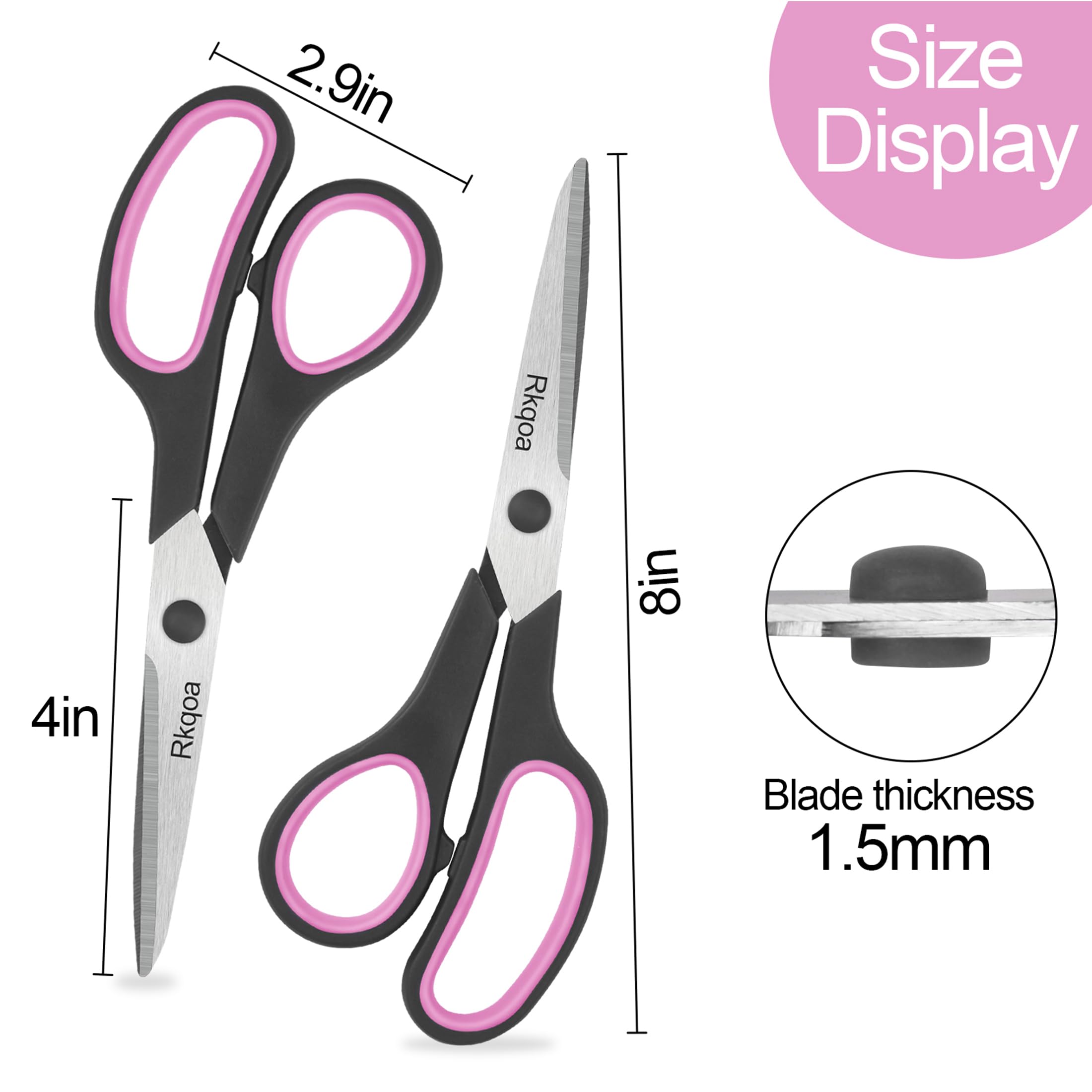 Black-Pink Scissors Set, Rkqoa 8" Scissors All Purpose 6 Pack - Comfort-Grip Sharp Scissors for Office School Sewing Craft Supplies, Classroom Must have, Teacher/Class Scissor, Right/Left Handles