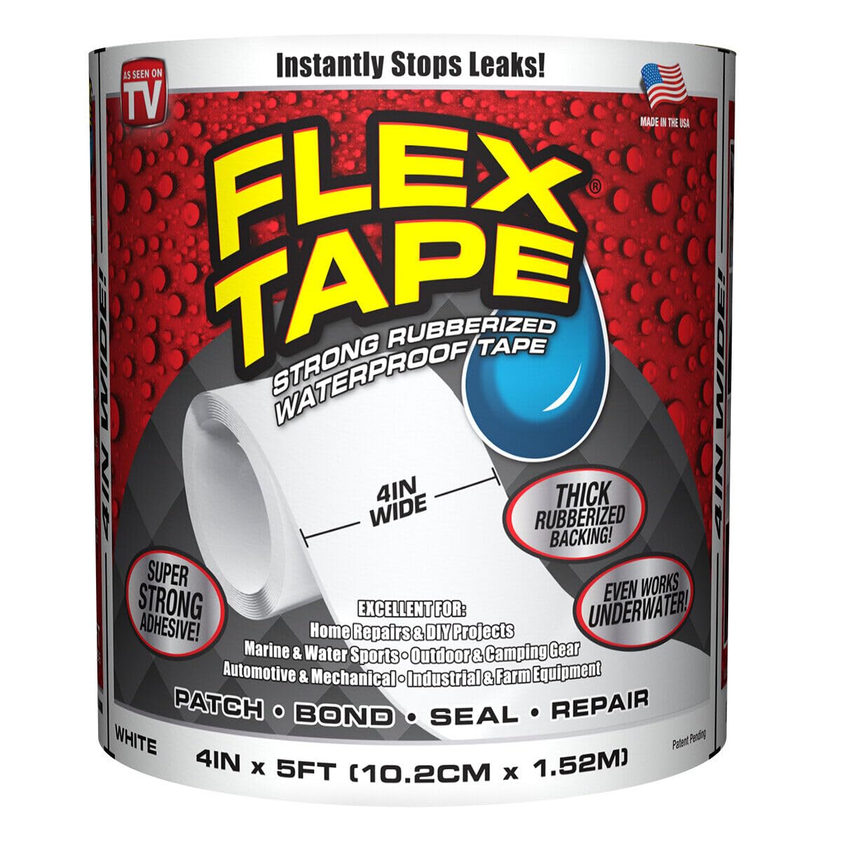 Flex Tape, 4 in x 5 ft, 2-Pack, White, Original Thick Flexible Rubberized Waterproof Tape - Seal and Patch Leaks, Works Underwater, Indoor Outdoor Projects - Home RV Roof Plumbing and Pool Repairs