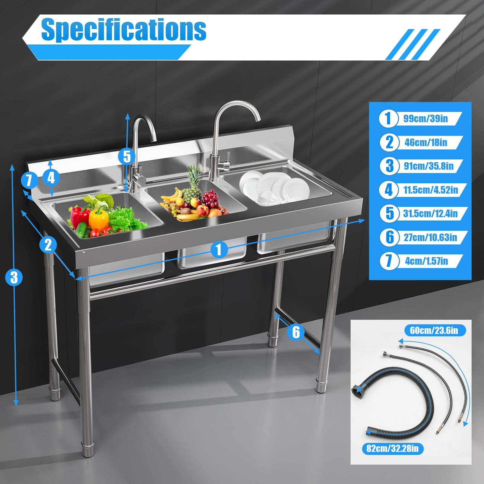 3 Compartment Sink Commercial Stainless Steel Utility Sink w/3*Drains, Outdoor Sink 3 Bay Sink Restaurant Sink, 39 * 17.7 * 37.4in