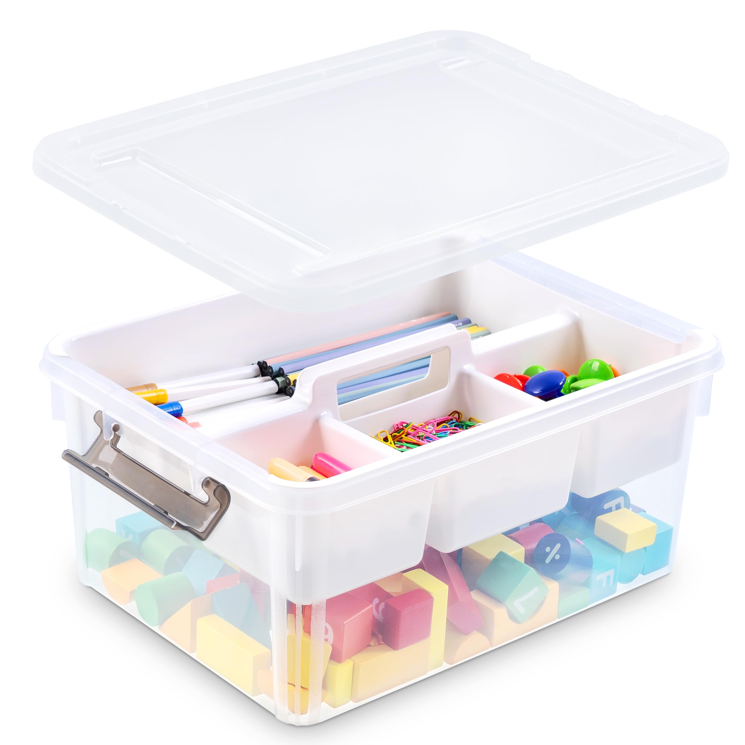 Bienvoun 17 QT Plastic Storage Box with Handle Removable Tray Craft Organizers and Storage Container Stackable Clear Storage for Bead,Crayon,Tool,Sewing,Playdoh