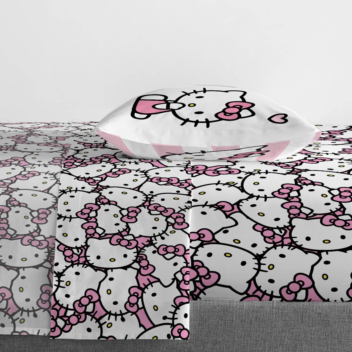 Jay Franco Hello Kitty Pink Stripes & Hearts Twin Size Sheet Set - Super Soft 3 Piece Bedding Set - Microfiber Sheets Include Reversible Pillow Cover