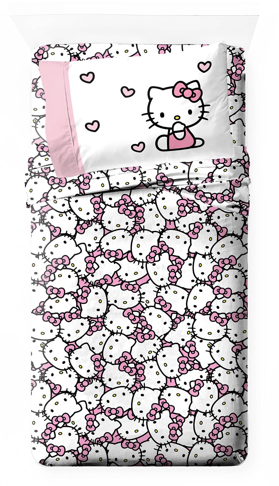 Jay Franco Hello Kitty Pink Stripes & Hearts Twin Size Sheet Set - Super Soft 3 Piece Bedding Set - Microfiber Sheets Include Reversible Pillow Cover