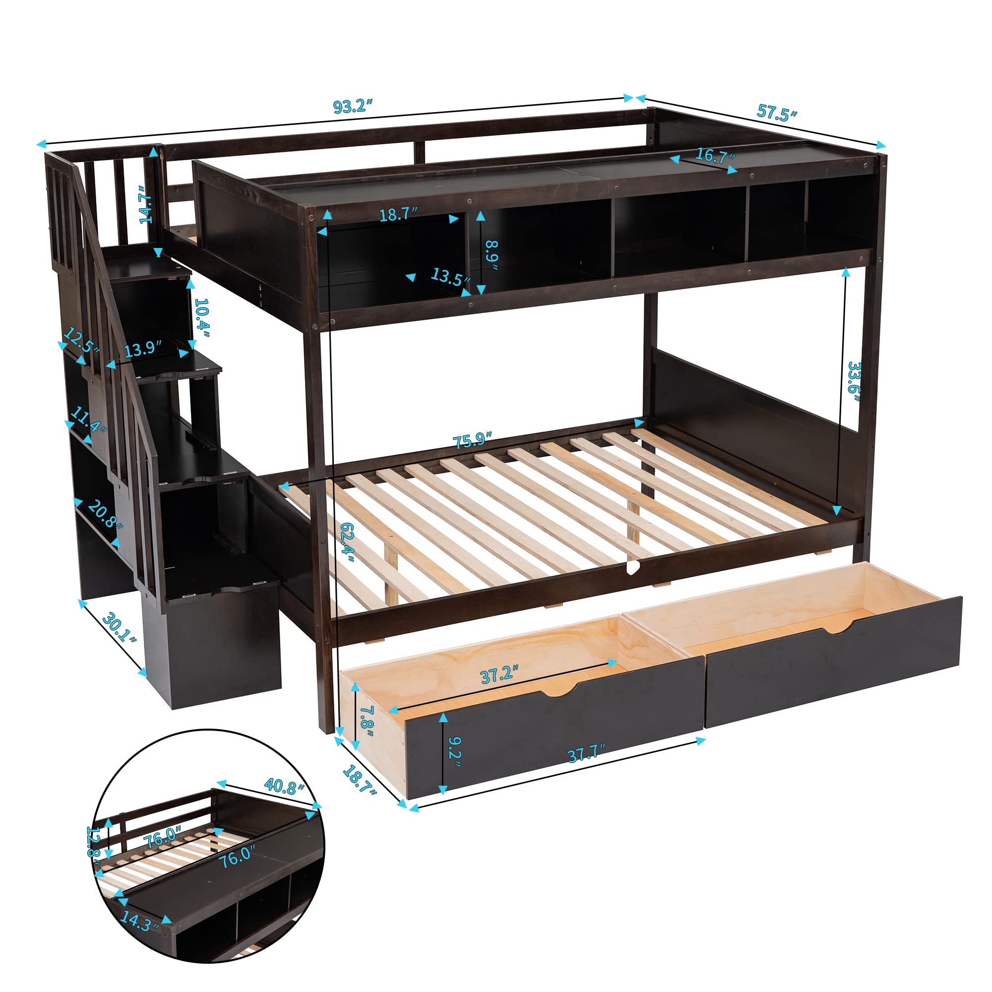 Harper & Bright Designs Twin Over Full Bunk Bed with Stairs and Built-in Storage Cabinets, Wood Bunk Beds Twin Over Full Size with 2 Storage Drawers for Kids Girls Boys,Espresso